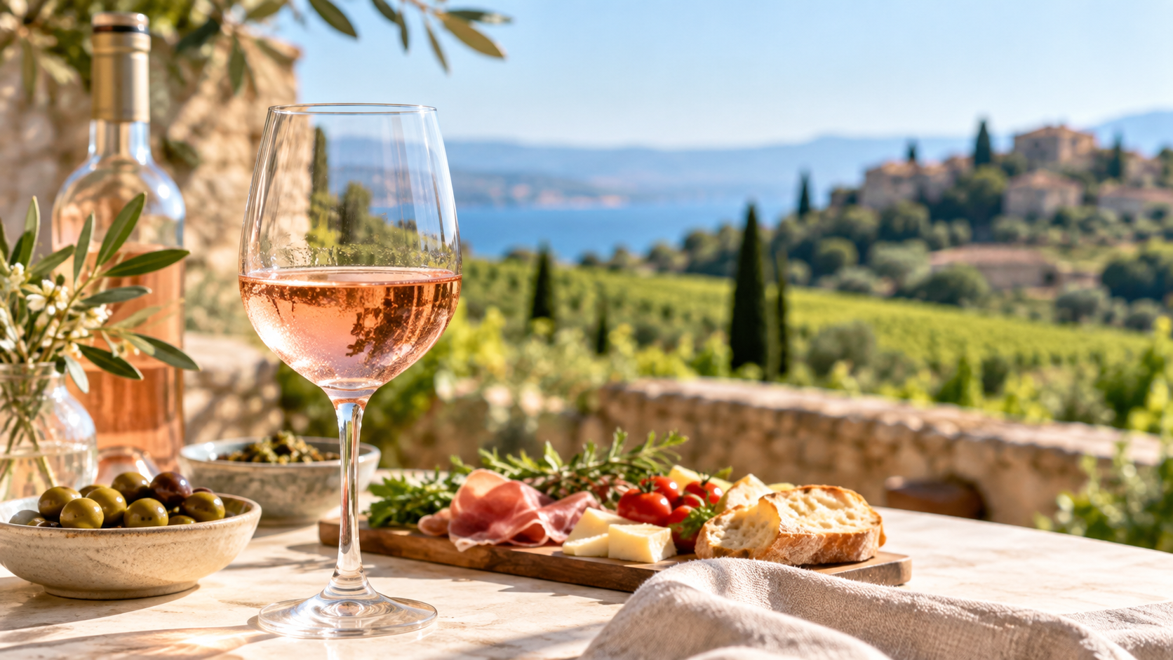 Alles over Rose wijnen - Kwaliteitwijnen Glas rosé wijn met mediterrane hapjes en wijngaard